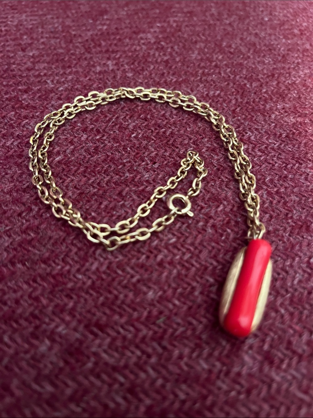 1975 Avon "Put on the Dog" Hotdog Pendant Necklace, Goldtone & Red, 18 Inches